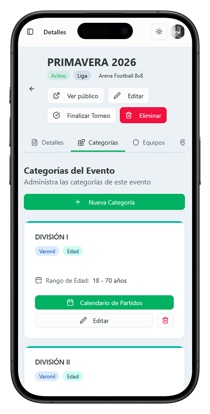 Vista previa de gestión de eventos